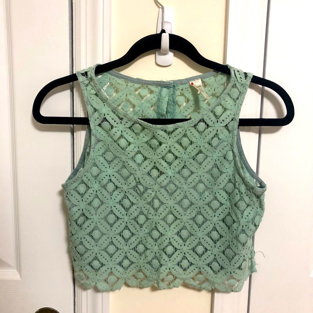 Teal lace crop top with open back